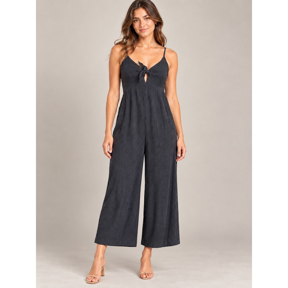 Aerie Tie Front Gauze Wide Leg Jumpsuit Womens Small Black